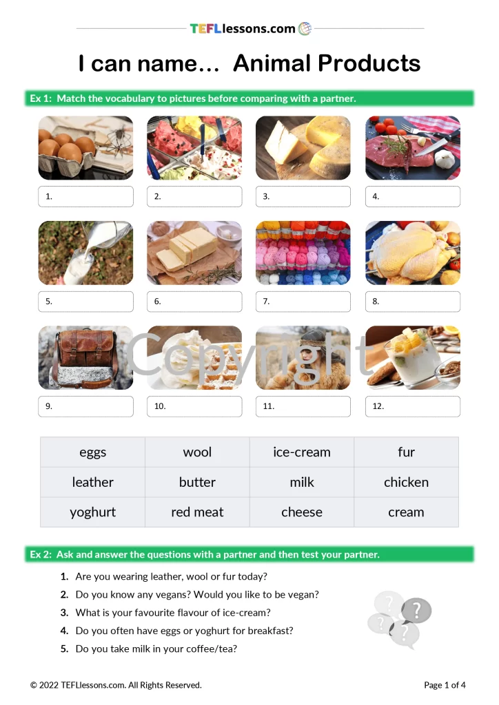 Animal Products Vocabulary - TEFL Lessons  | ESL worksheets