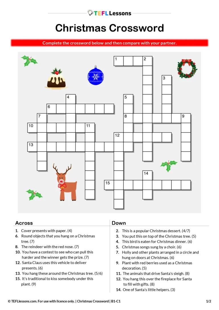 Christmas vocabulary crossword – ESL Christmas crossword for classroom use