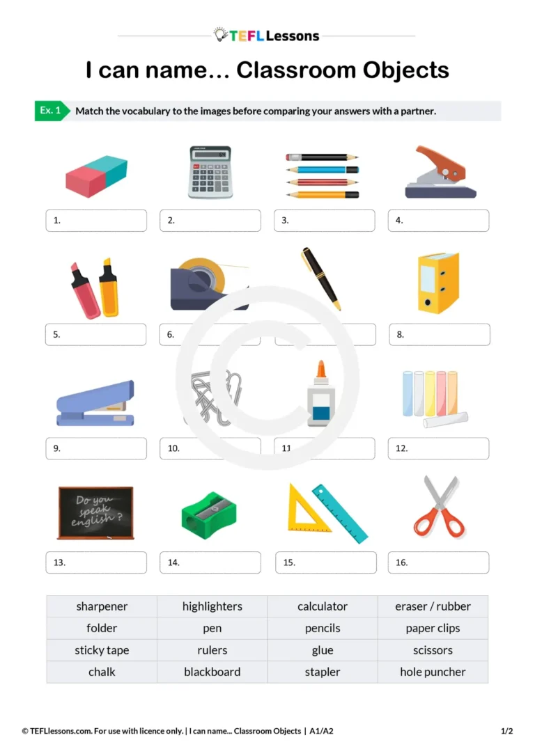 Classroom objects worksheet