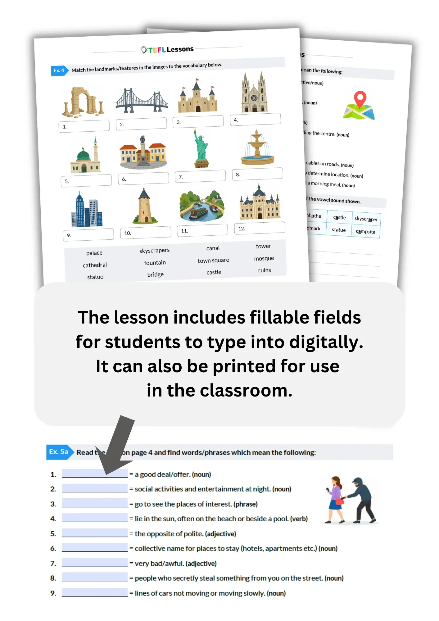 city vocabulary worksheet with landmarks and vocabulary exercises