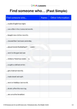 Past Simple Speaking Activity – Find Someone Who ESL Worksheet (A1–A2)