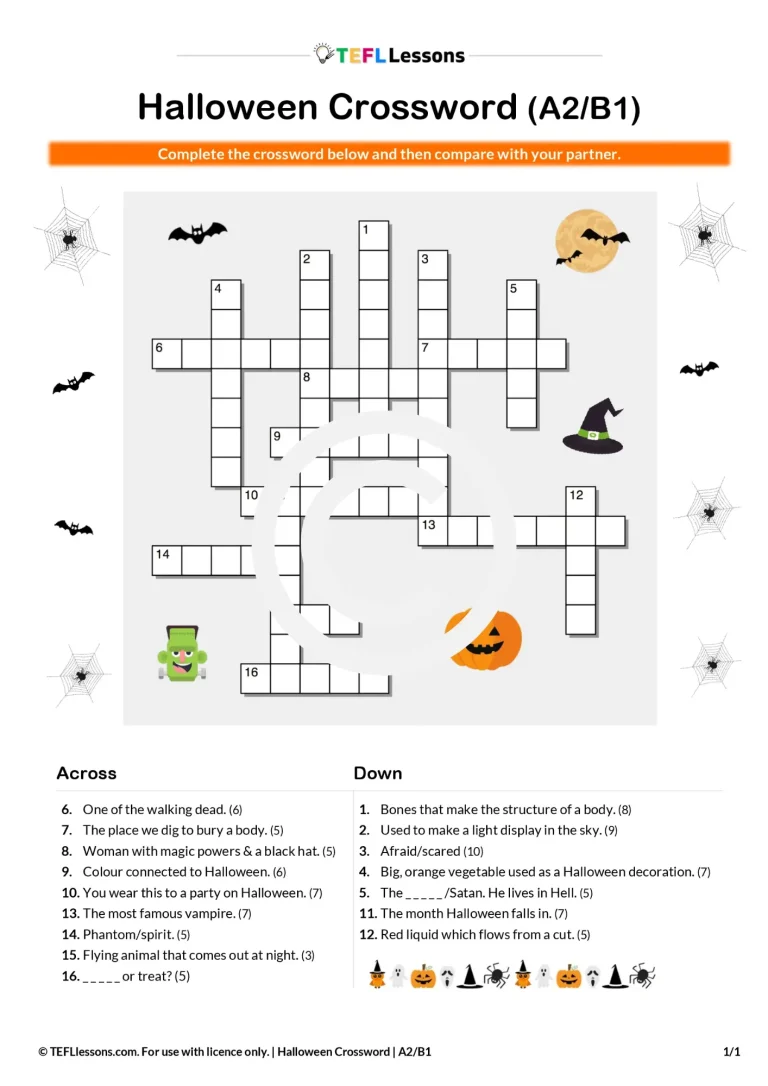 Halloween Vocabulary Crossword A2–B1 – Printable ESL Halloween Puzzle