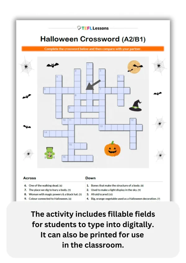 Halloween Vocabulary Crossword A2–B1 – Fillable Version for Online Lessons