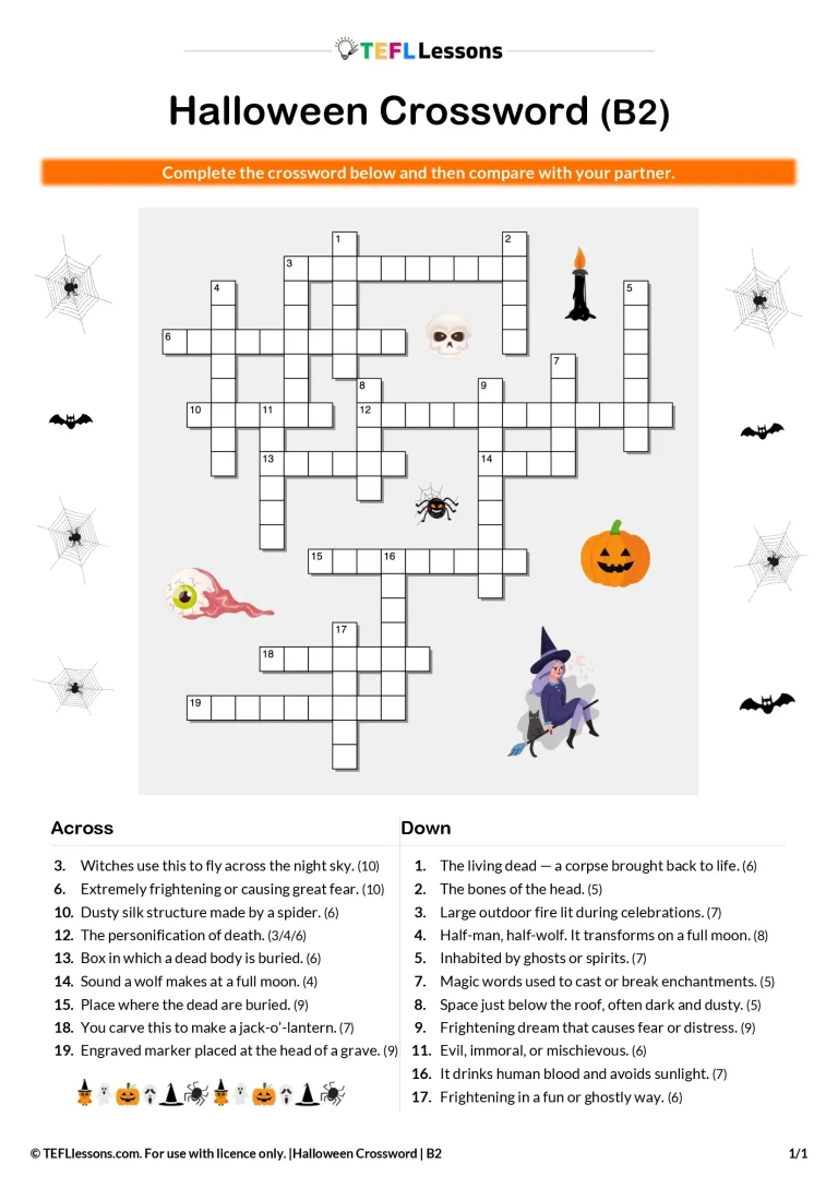 ESL Halloween Crossword B2 – Free Halloween Vocabulary Crossword for Upper-Intermediate Students