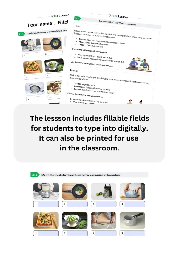 Kitchen Utensils ESL Lesson with two worksheet pages and highlighting fillable fields