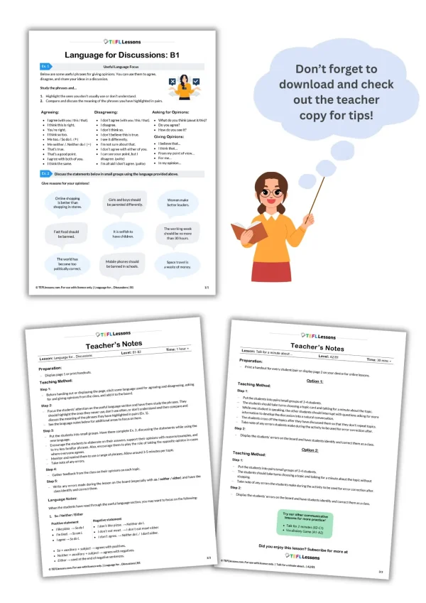 Teacher’s notes extract from free B1 ESL giving opinions activity – Language for Discussions