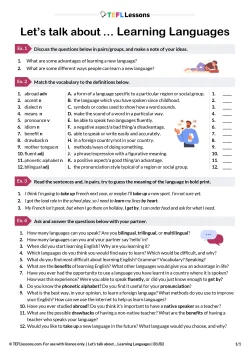 Learning Languages speaking lesson – free ESL vocabulary and speaking activity