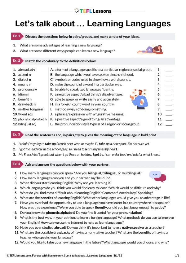Learning Languages speaking lesson – free ESL vocabulary and speaking activity