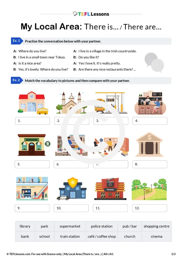There is there are worksheet page showing grammar practice and vocabulary for places in a town
