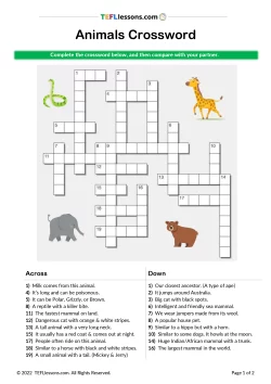 Animals Vocabulary Crossword