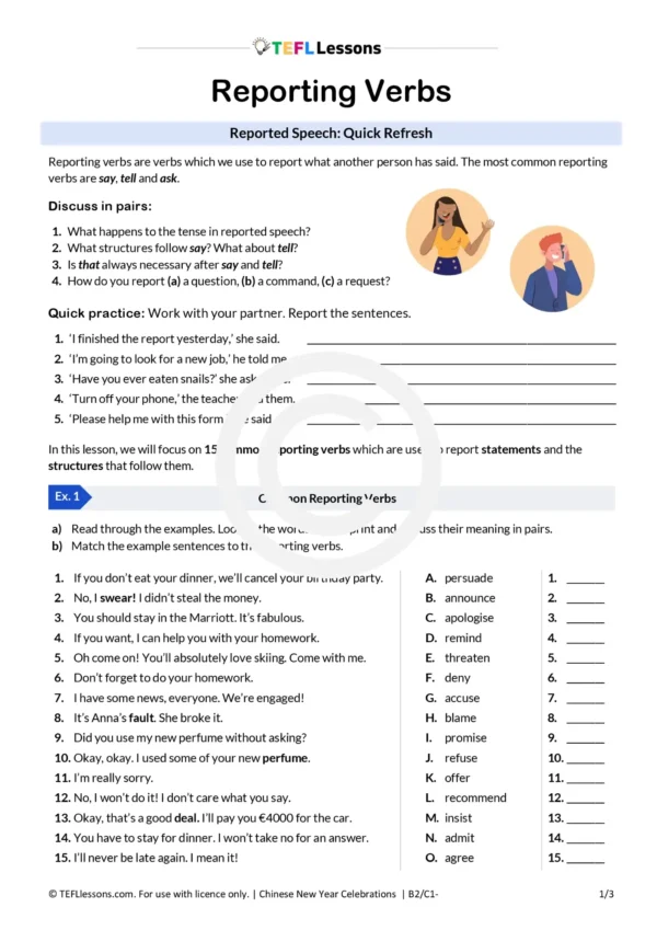 Reporting Verbs Worksheet – ESL Lesson Plan | TEFL Lessons | ESL ...
