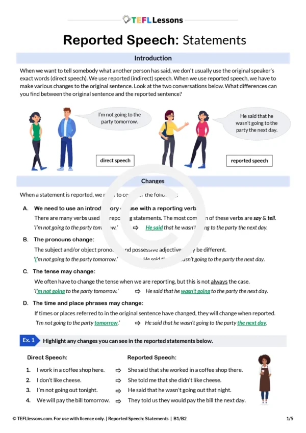 Reported Speech Statements Lesson Plan | B1/B2 ESL) | TEFL Lessons