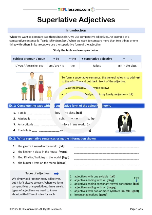Superlative Adjectives Lesson | TEFL Lessons - tefllessons.com | ESL ...