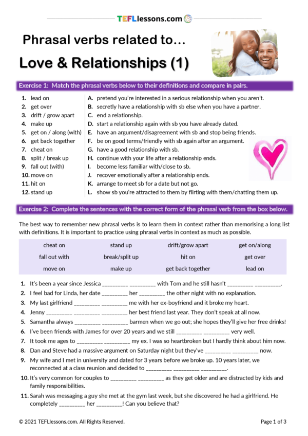 love and relationships phrasal verbs 1 tefllessons com free lesson