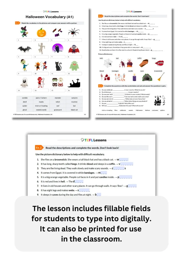 Halloween Vocabulary Worksheet A1 Elementary – All Pages with Fillable Fields for Online Lessons