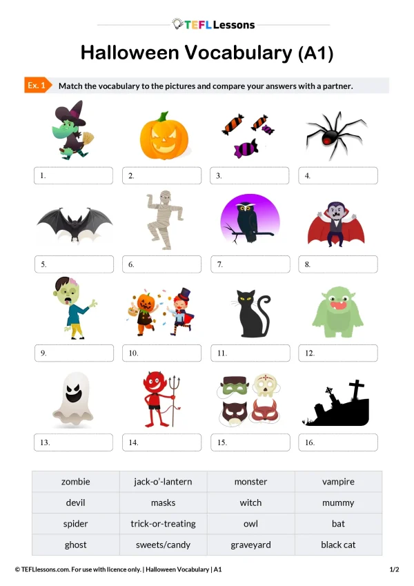 Free Halloween Vocabulary Worksheet A1 Elementary – Halloween Vocabulary PDF for ESL Classes