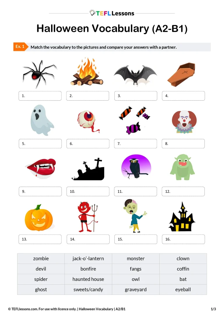 Halloween ESL activities worksheet for A2–B1 students showing vocabulary and discussion tasks from the Halloween Vocabulary lesson.