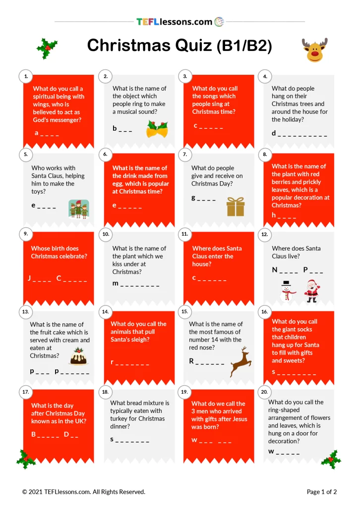 Christmas Quiz B1 B2 Tefl Lessons