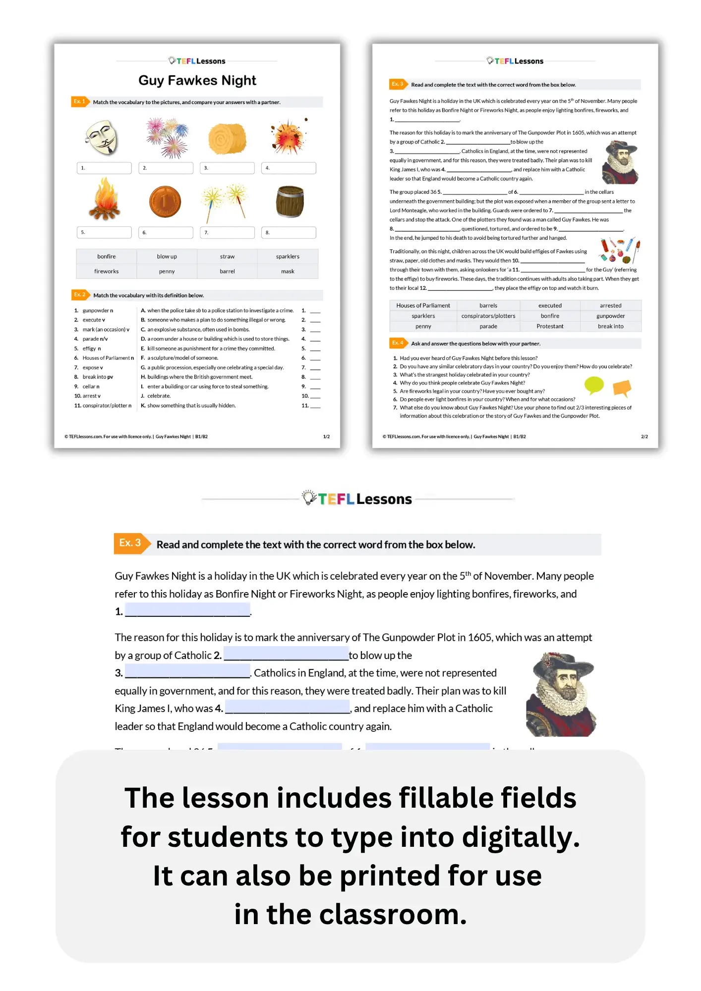 Guy Fawkes Night reading comprehension activity for intermediate ESL students