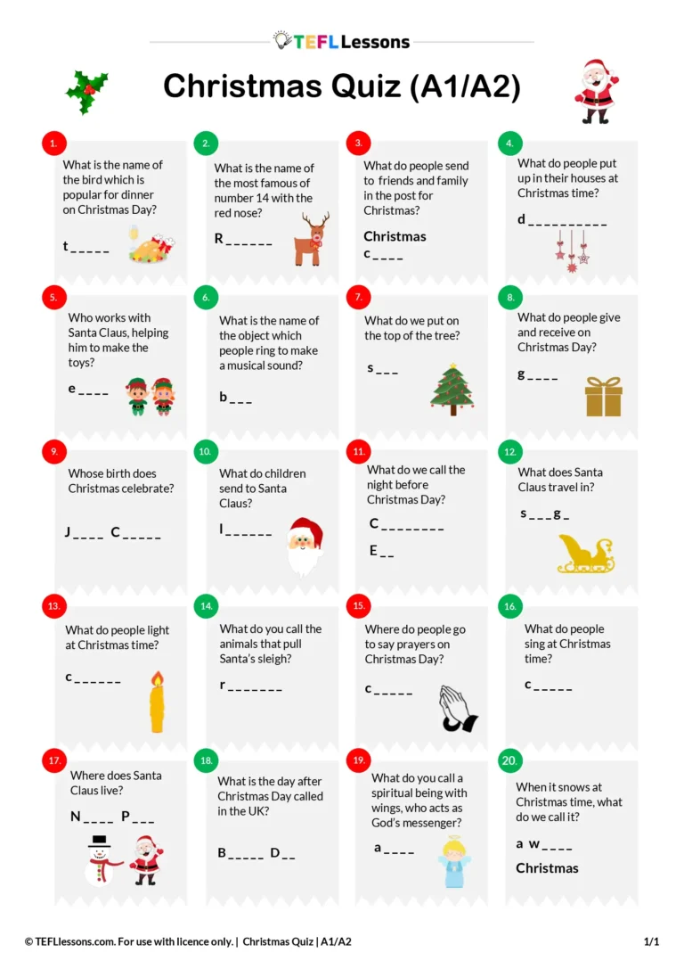 Christmas Quiz A1 A2 worksheet – elementary ESL Christmas quiz for A1–A2 learners