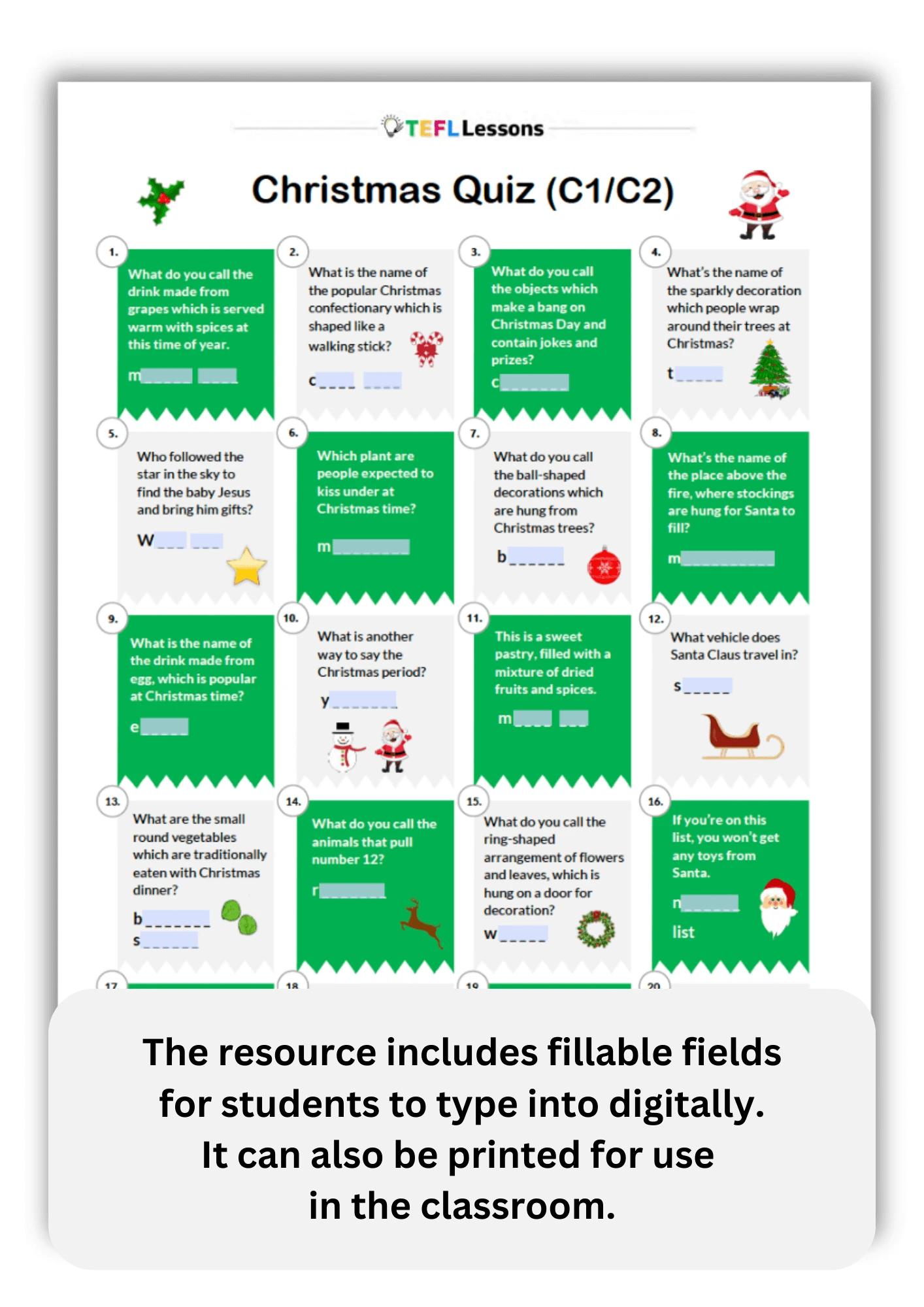 ESL Christmas vocabulary quiz digital version – fillable answer fields highlighted for online completion