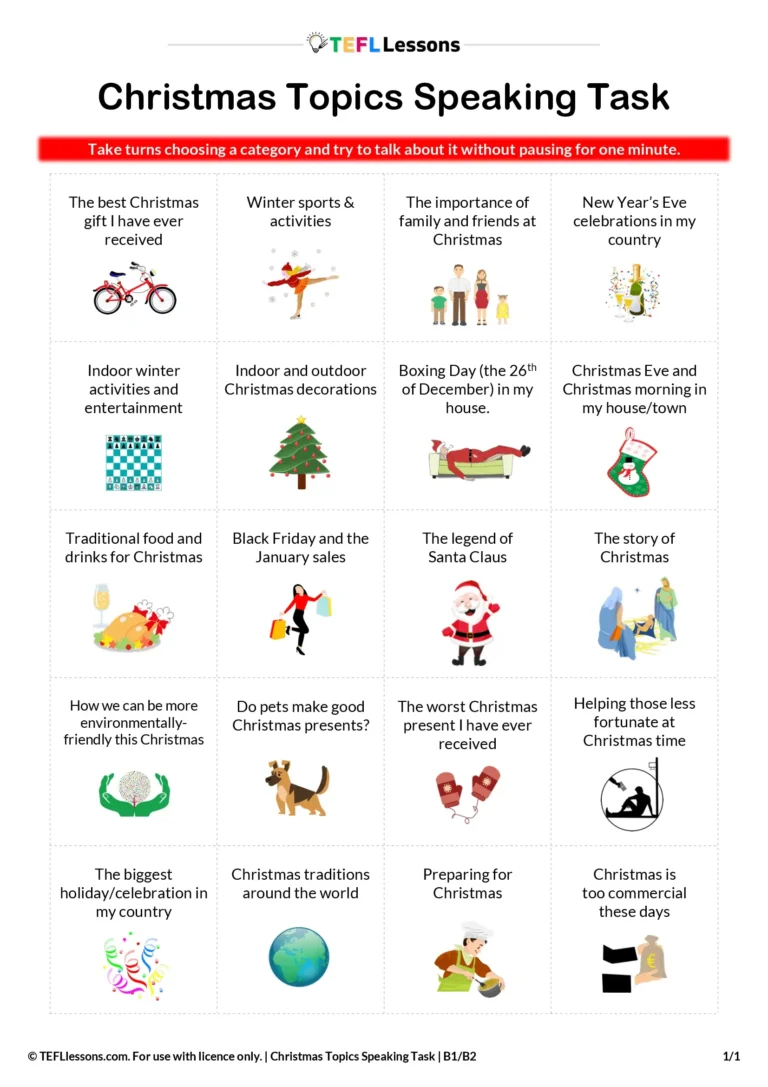ESL Christmas speaking cards – printable Christmas speaking activity for students to talk about Christmas in class.