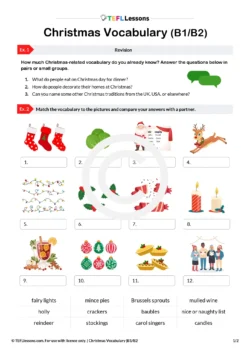 Christmas vocabulary ESL activity – intermediate worksheet with festive word list and picture-matching tasks for B1/B2 learners.