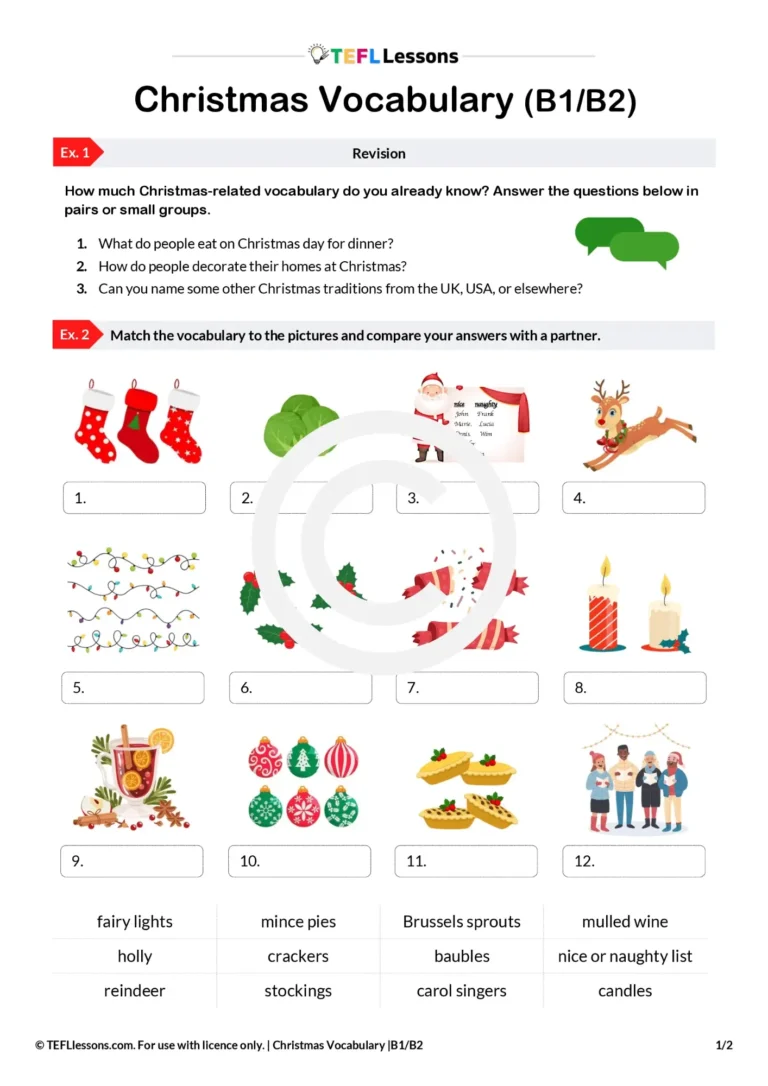 Christmas vocabulary ESL activity – intermediate worksheet with festive word list and picture-matching tasks for B1/B2 learners.