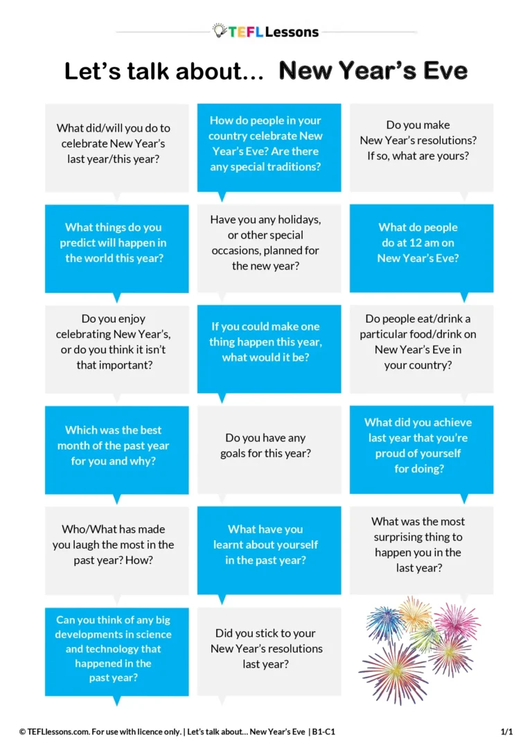 ESL New Year conversation questions speaking activity
