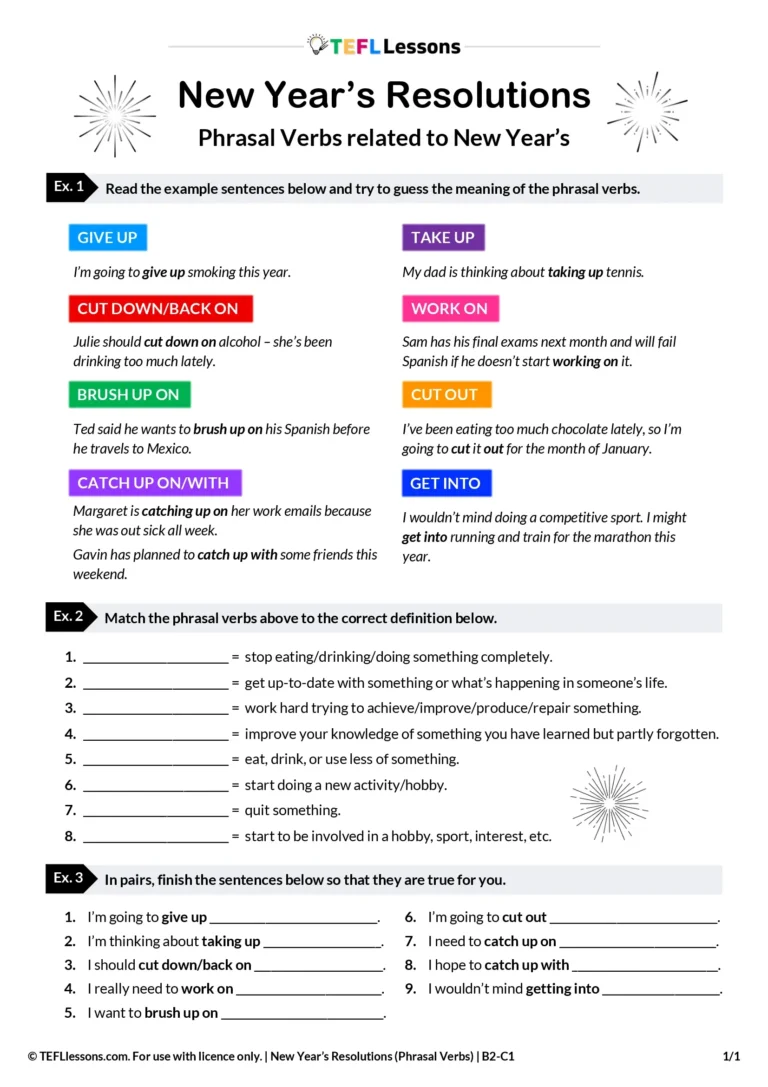 Phrasal verbs for New Year’s resolutions ESL lesson
