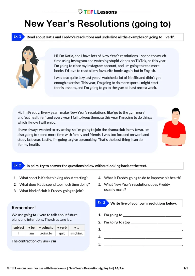 Going to reading comprehension ESL lesson on New Year’s resolutions