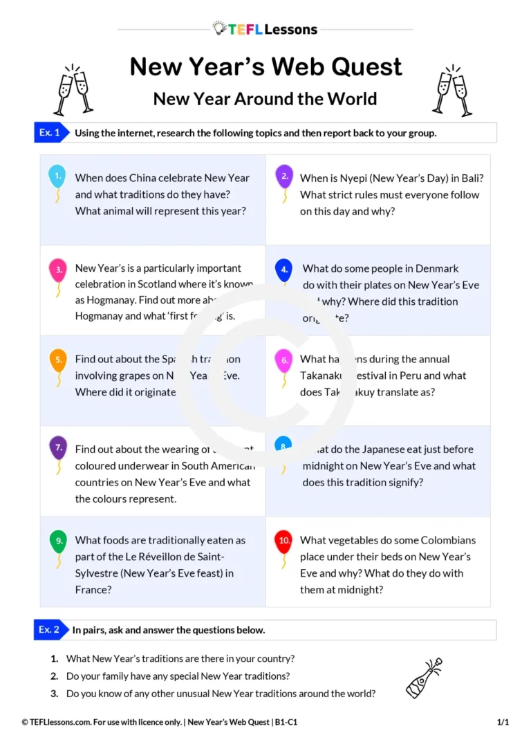 New Year ESL WebQuest on traditions around the world