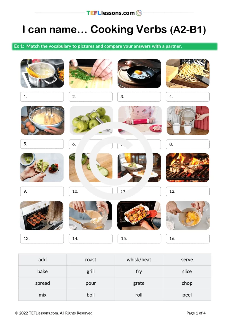 I can name cooking verbs lesson plan for ESL classes