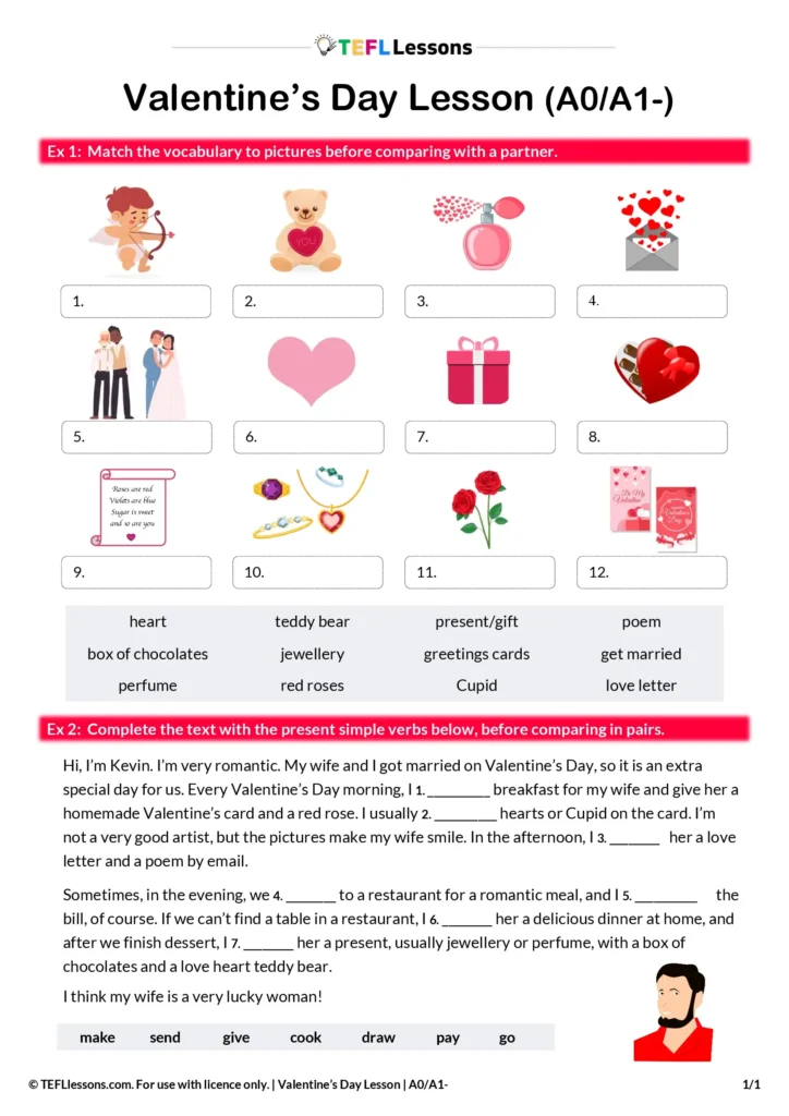 valentine's day vocabulary worksheet for A0–A1 ESL learners with pictures and beginner tasks