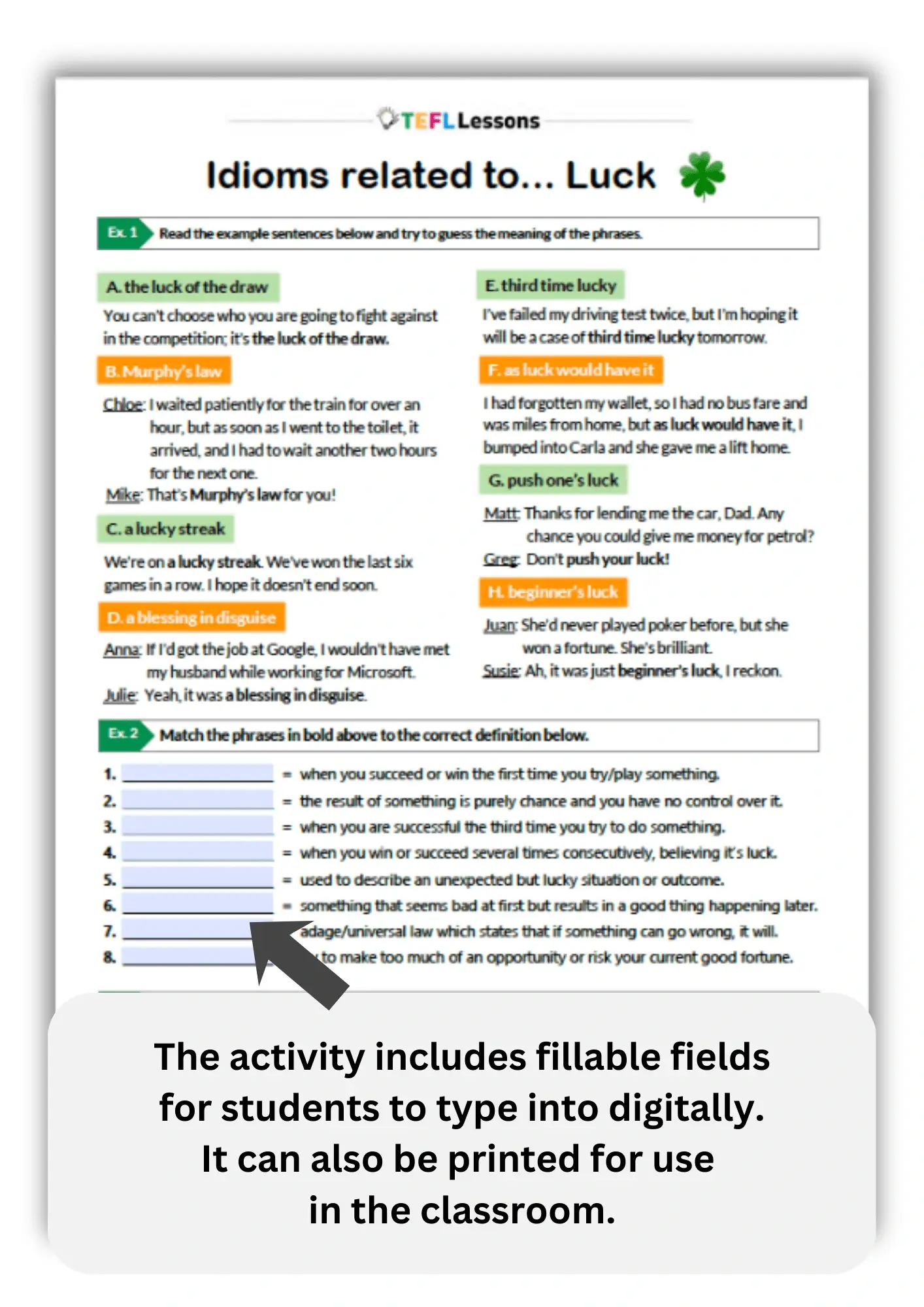 english idioms about luck worksheet with fillable fields