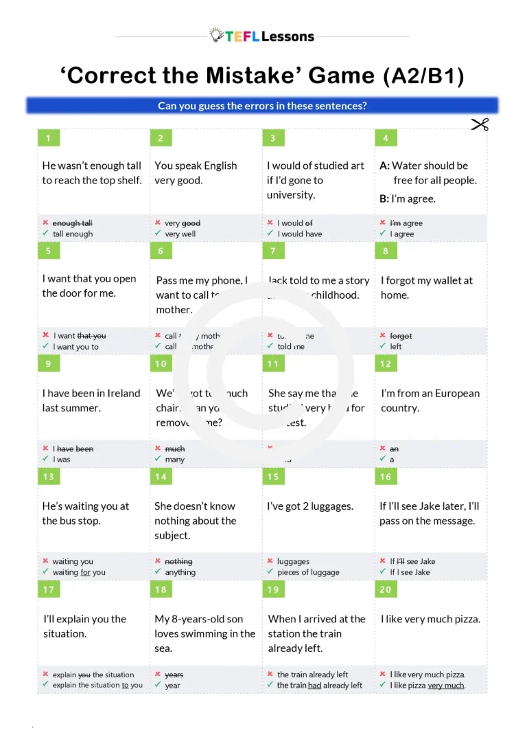 First page of the ESL error correction game showing example sentences with common grammar mistakes for A2-B1 students.