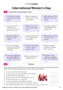 International Women's Day ESL lesson worksheet preview (B1–C1)