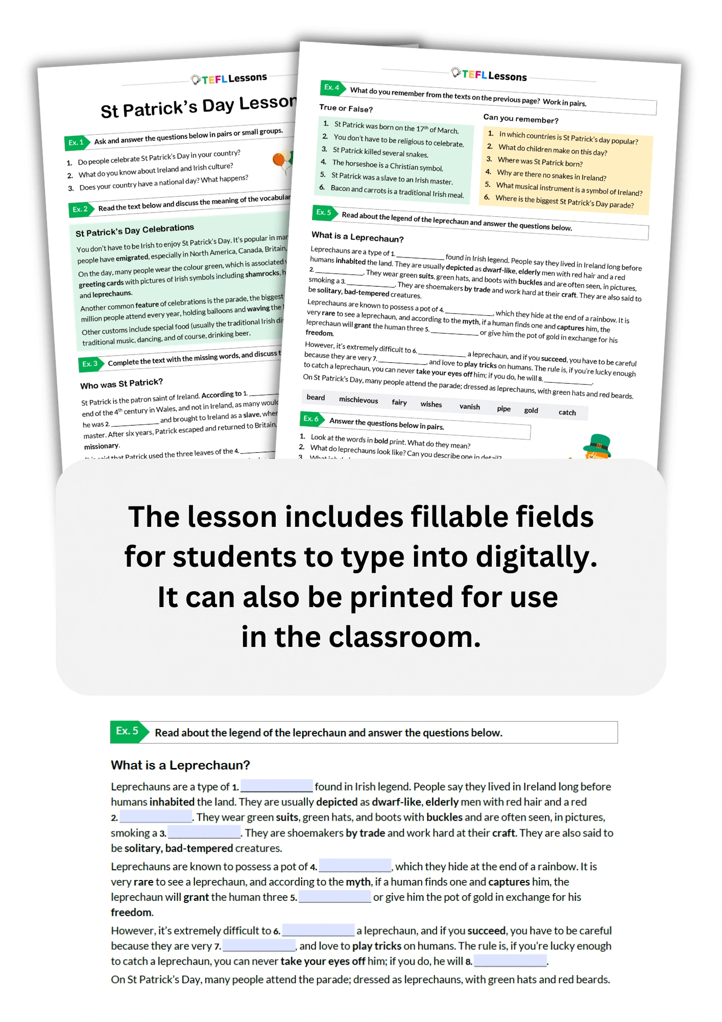 St Patrick’s Day digital worksheet with fillable fields for intermediate ESL students