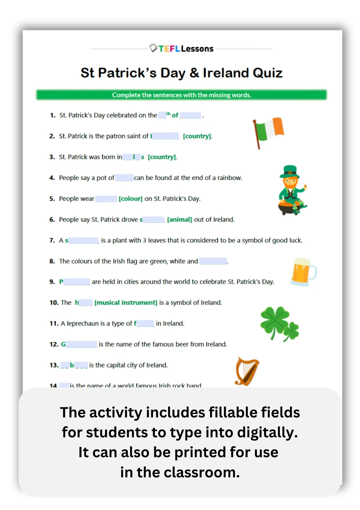 St Patrick’s Day digital worksheet with fillable fields (Ireland quiz)