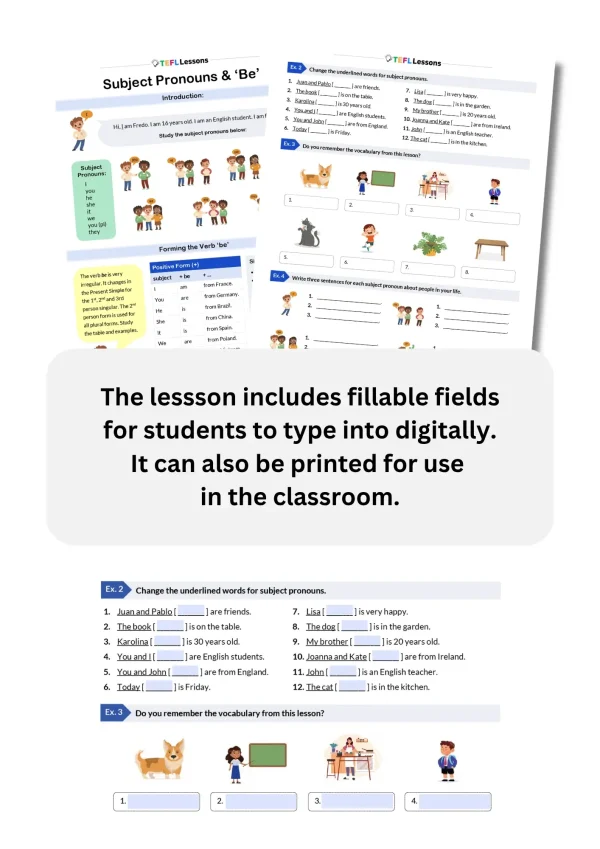 Two-page subject pronouns ESL worksheet with fillable fields for student responses
