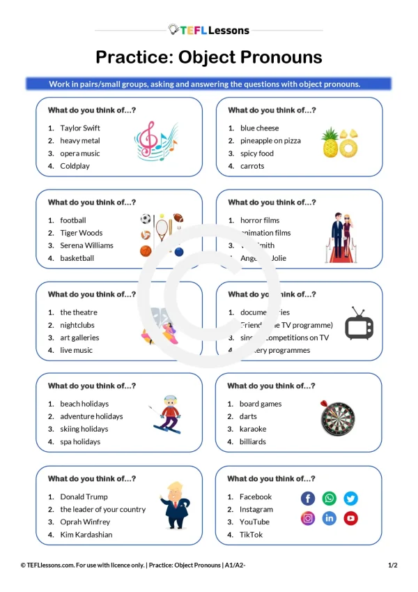 Object pronouns speaking activity worksheet showing likes and dislikes questions and object pronoun prompts for pair work.