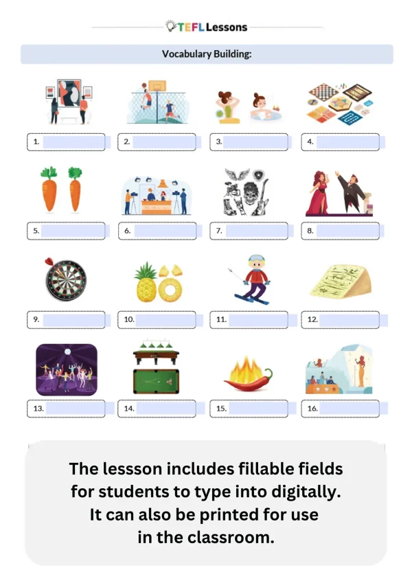 Object pronouns vocabulary-building task with fillable fields for ESL students to prepare for speaking activity.