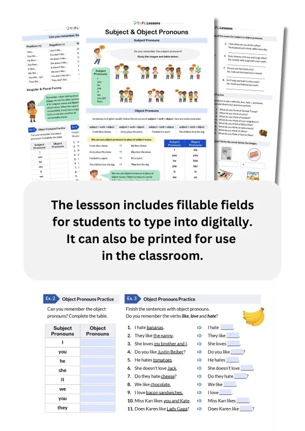 Complete subject and object pronouns worksheet showing all pages with fillable fields highlighted for interactive practice