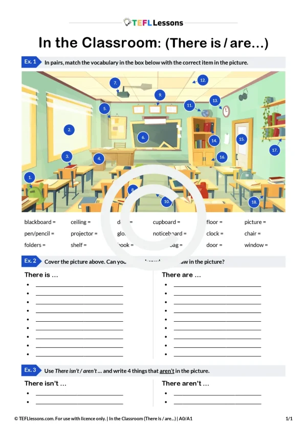 There Is There Are ESL activity – classroom vocabulary and grammar for A1 students