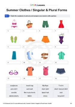 summer clothes vocabulary and singular and plural forms worksheet
