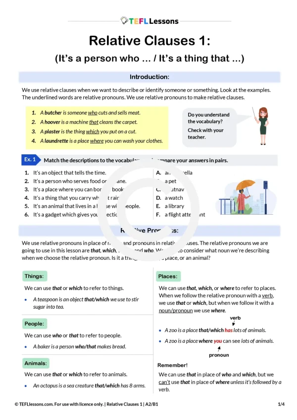 Relative Clauses Lesson Plan – ESL Worksheet and Grammar Activities. First page of lesson preview.
