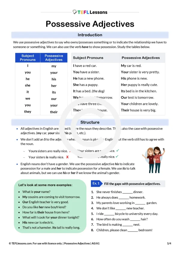 First Page of Possessive Adjectives Lesson for ESL