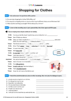 ESL shopping for clothes lesson – first page with listening and clothes shop dialogue (A2/B1–)