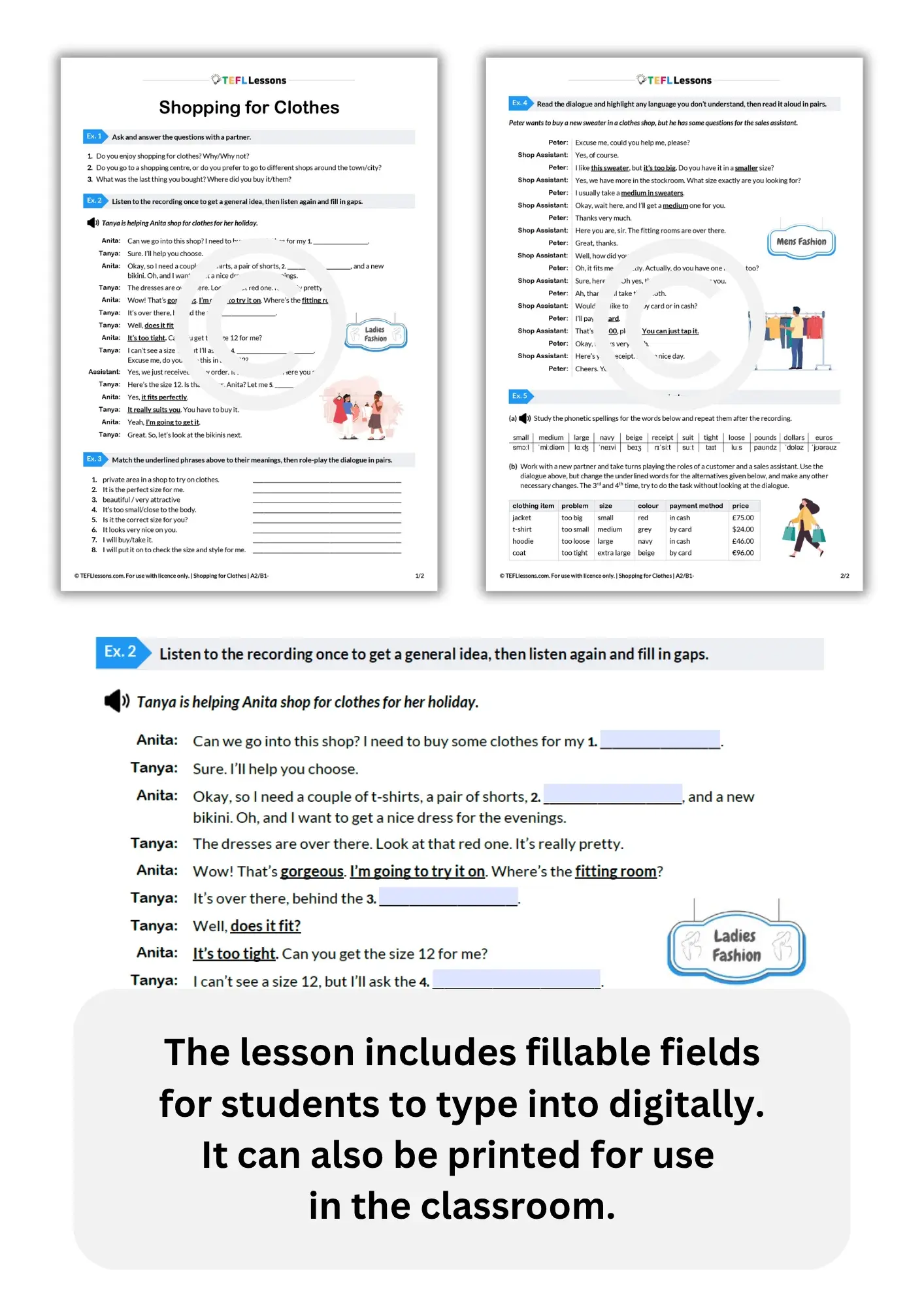 ESL shopping lesson – full worksheet preview showing listening, dialogue, pronunciation and role-play activities