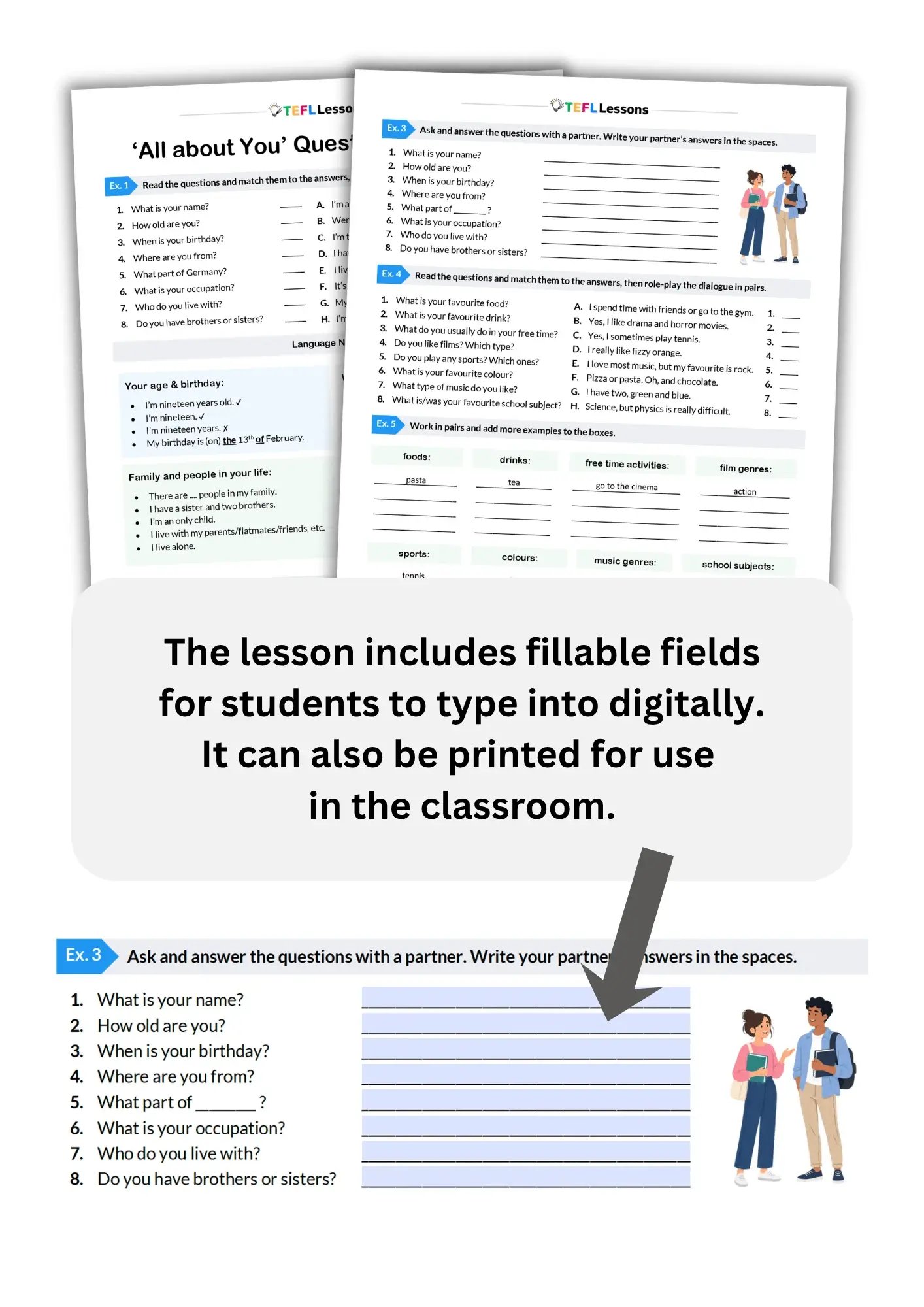 Talking about yourself worksheet with fillable fields